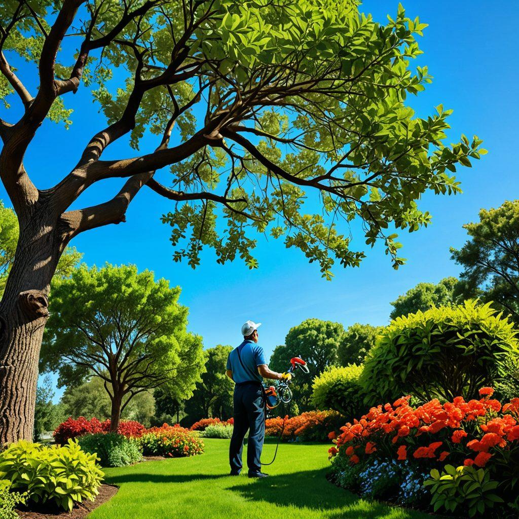 A lush, vibrant landscape showcasing healthy, well-maintained trees in various stages of growth, with an experienced arborist examining a tree while holding pruning shears. The background features a beautifully manicured garden with colorful flowers and a clear blue sky. Infographic elements highlight tree care tips around the image, blending education with aesthetics. super-realistic. vibrant colors.