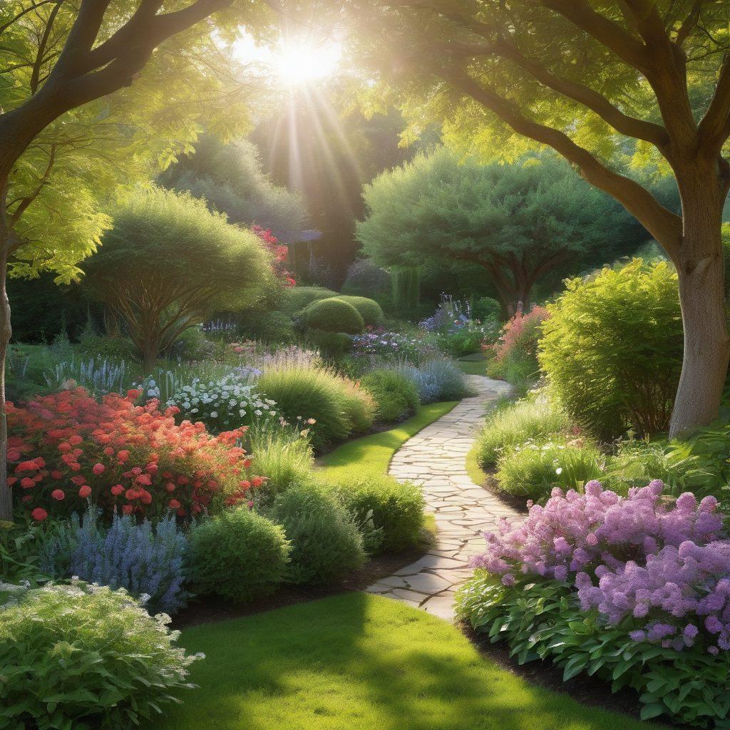 A serene garden scene showcasing various trees in different stages of maintenance; a gardener happily pruning branches, surrounded by blooming flowers and lush greenery. Elements of composting and organic tools are subtly integrated into the scene to highlight sustainable practices. Soft sunlight filters through the leaves, casting gentle shadows, promoting a calm and inviting atmosphere. vibrant colors. super-realistic.