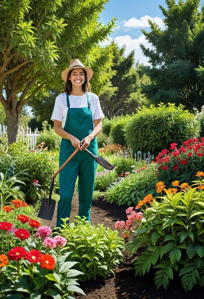 A lush garden filled with various types of trees, showcasing vibrant green leaves and colorful flowers. In the foreground, a smiling gardener carefully tending to a young sapling, surrounded by gardening tools and healthy soil. The background features a serene landscape with a bright blue sky and distant hills. The scene conveys care, growth, and nature's beauty. super-realistic. vibrant colors. white background.